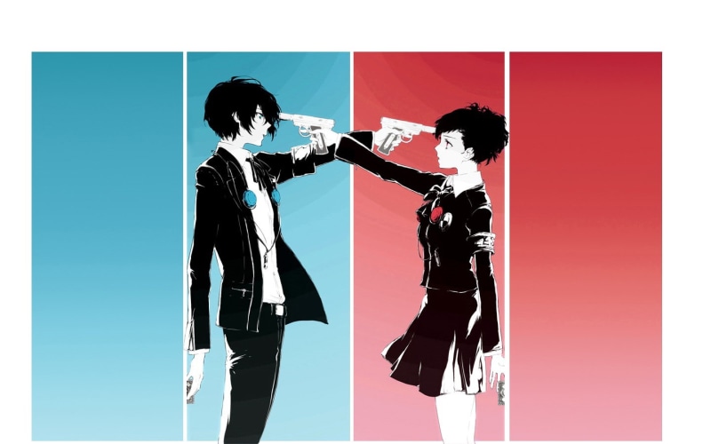 man, head, 3, hd, shin, megami, video games, pointing, portable, woman, illustration, gun, anime, handguns, persona, 720P, tensei