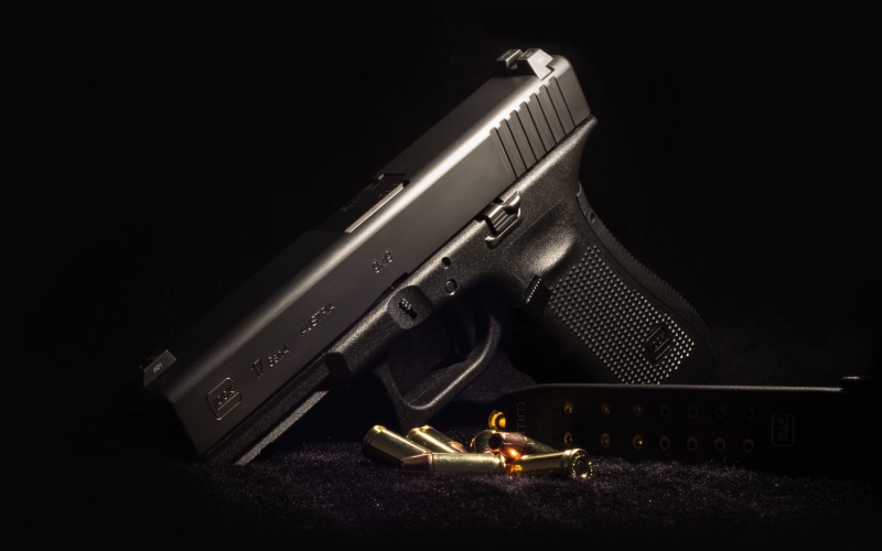 pistol, Handgun, single object, 2K, glock, black background, gun, ominous, nature, warning sign, technology, War and Army, black, background, ammunition