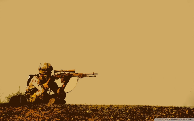 copy space, sniper rifle, uniform, snipers, field, real people, 1080P, soldier, aiming, side view, sky, gun, shooting a weapon, nature, land, holding