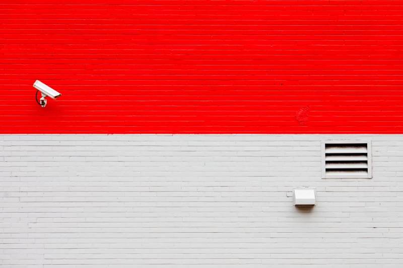 Cook County  Illinois, Banksy, white building, red, security camera, camera  surveillance, United States of America, delete, Windy City, save, white, building