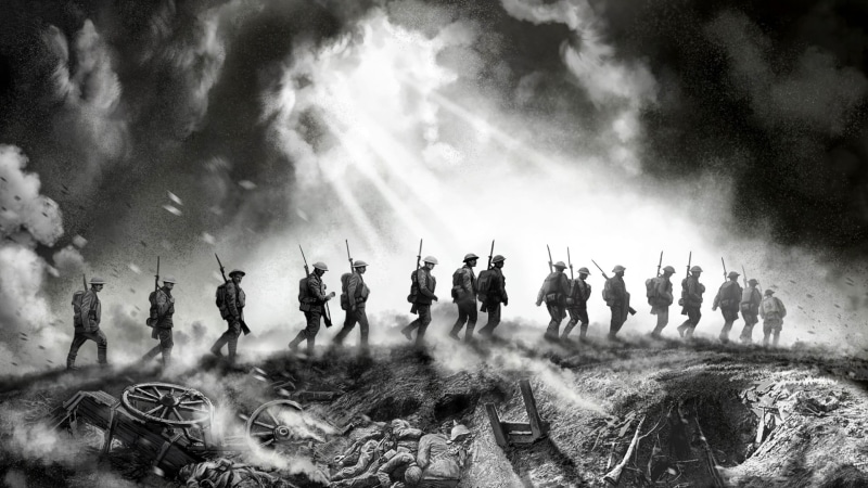 1080P, gouache, art, real people, elite infantry after battle, 1914-1918, sport, adult, large group of people, fighting, after the fight, soldiers, grayscale