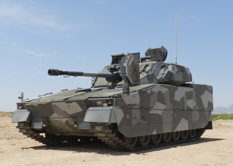 sunlight, mode of transportation, armed forces, no people, tank, military, CV9035, infantry fighting vehicle, land vehicle, outdoors, conflict, field, sky