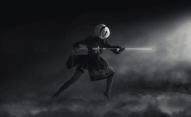 Nier: Automata, untitled, stage, NieR, musical instrument, string instrument, Disharmonica, one person, skill, playing, young adult, 2B (Nier: Automata)