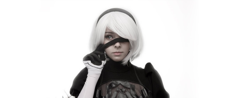 2B (Nier: Automata), beautiful woman, hairstyle, front, veil, Disharmonica, cosplay, fixing, portrait, copy space, white background, woman, human face
