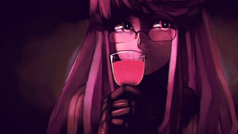 adult, eyeglasses, glass, young adult, va-11 hall-a, household equipment, refreshment, front view, women, drinking glass, red, looking at camera, indoors