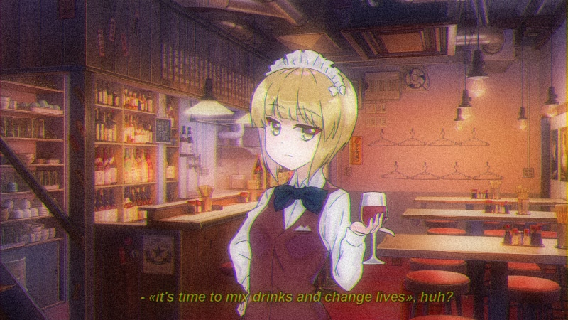 1080P, bar, wine, wine glass, suits, yellow eyes, short hair, quote, va-11 hall-a, bowtie, waitress, white shirt