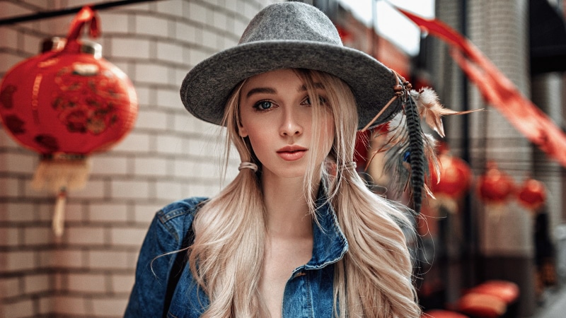 brick, looking, hat, young women, fashion, headshot, depth of field, blond hair, clothing, Georgy Chernyadyev, 720P, portrait, pigtails, women, beautiful woman