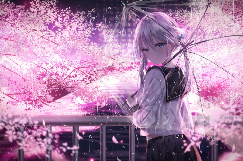 drawing, white hair, water drops, artwork, Pixiv, umbrella, tears, 2D, cherry blossom, night, crying, digital art, anime girls, pigtails, blue eyes, anime