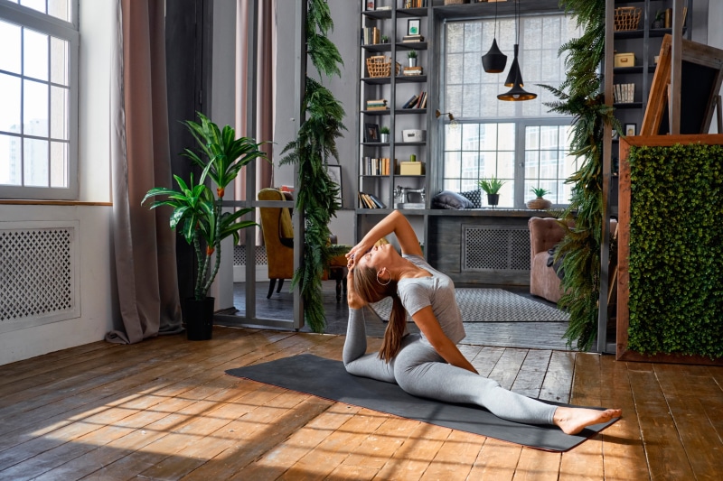 room, girl, interior, stretching, twine, leggings, Mike, brown hair, 2K, fitness, Mat, hairstyle, exercise, flexible, pose, pigtail