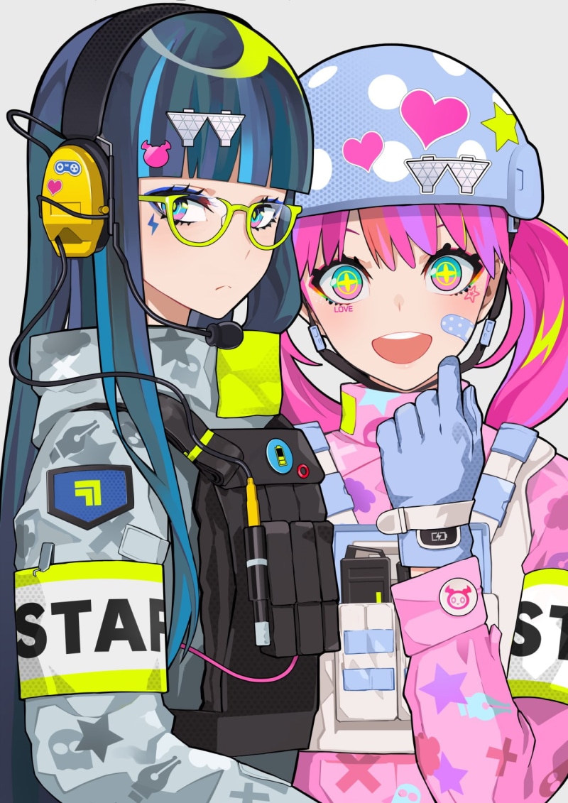 720P, digital art, pink hair, LAM, original characters, happy, portrait display, pigtails, 2D, smiling, open mouth, long hair, helmet, bulletproof vest