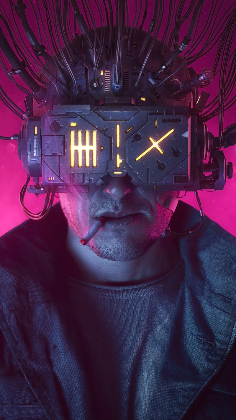 cigarettes, 4K, jacket, helmet, visors, Neuromancer, Rafael Moco, portrait, cyberpunk, pink background, wires