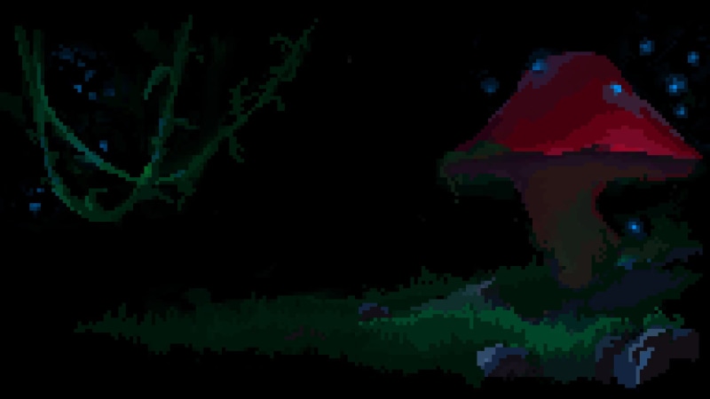 mushroom, pixel art, pixelated, 1080P, pixels, lianas, moss, dark, black background