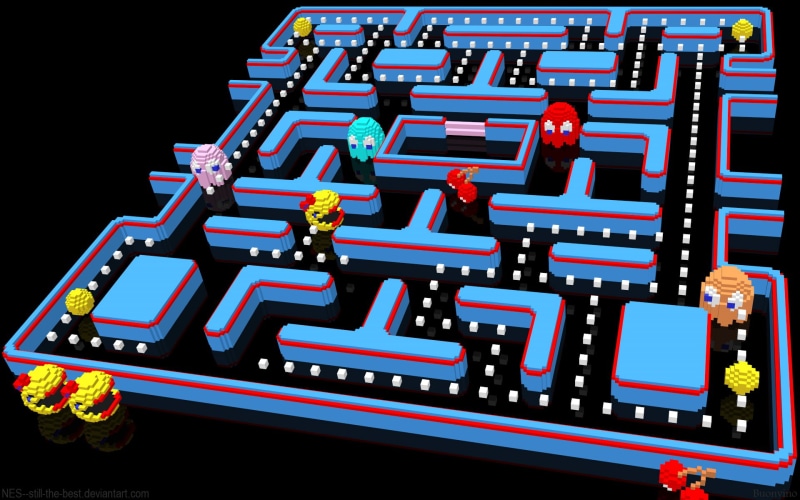 screenshot, technology, indoors, 3D, pixels, pixel art, Pac-Man, night, 1080P, sign, art and craft, black background, digital art, connection, no people