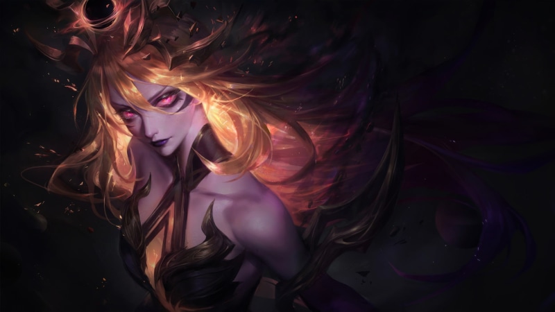 purple lipstick, redhead, League of Legends, looking at viewer, 1080P, red eyes, Lux (League of Legends), dark background