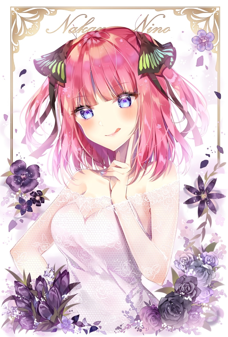 pink hair, Nino, Nakano, blue eyes, vertical, purple hair, anime girls, plants, white dress, artwork, 5-toubun no Hanayome, dress, anime, purple flower