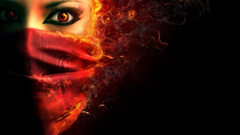eyeliner, burning, fire, 1080P, women, scarf, red eyes, face, looking at viewer, smoke, model, black background