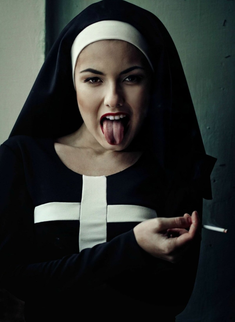 cigarettes, tongue out, lipstick, looking at viewer, dark eyes, model, tongues, 720P, natural light, nun, cross, open mouth, women, red lipstick, young