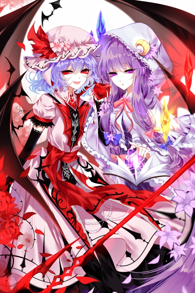 animal representation, sheya, table, representation, creativity, long hair, blue hair, red eyes, Remilia Scarlet, high angle view, dress, haired, purple