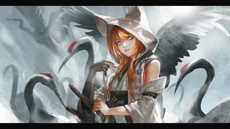 females, young adult, Yukata, lifestyles, Weapon, Green Eyes, one person, Hoodie, Fantasy, Pixiv Fantasia T, Animal Ears, auto post production filter, three quarter length