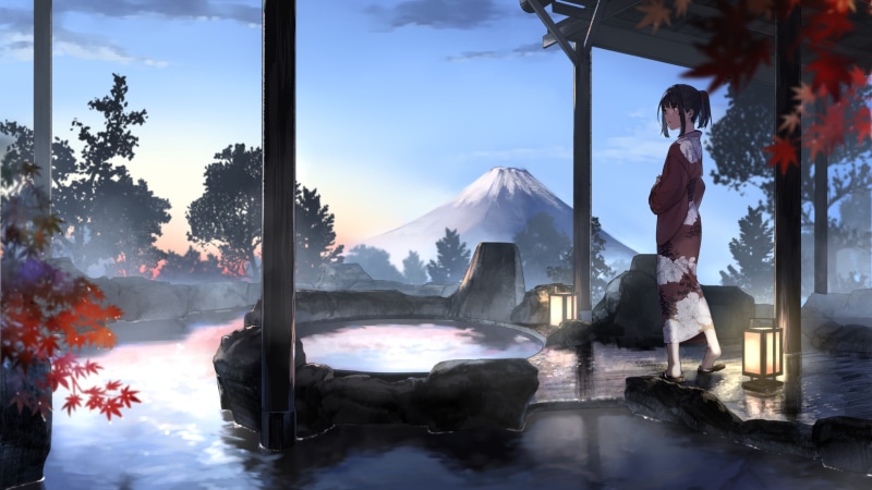 sky, full length, standing, day, pets, 1080P, one person, architecture, outdoors, nature, animal, lifestyles, kimono, one animal, animal themes, anime girls