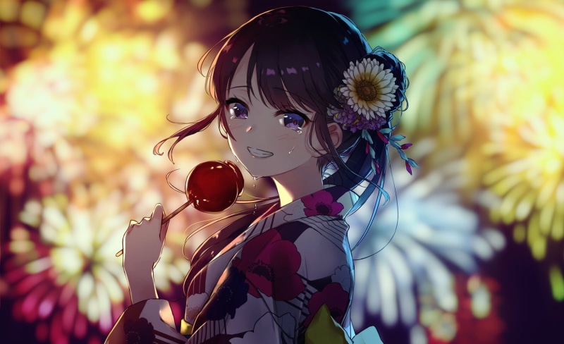looking at viewer, depth of field, original characters, crying, portrait, anime girls, flower in hair, kimono, Pixiv, fireworks, drawing, yukata, smiling