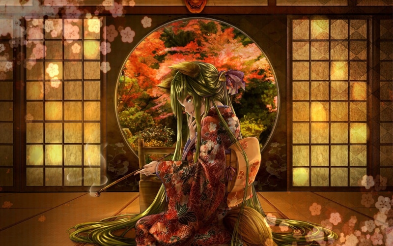 food and drink, yukata, representation, pattern, floral pattern, anime girls, no people, transparent, art and craft, flowering plant, food, fox girl, built structure