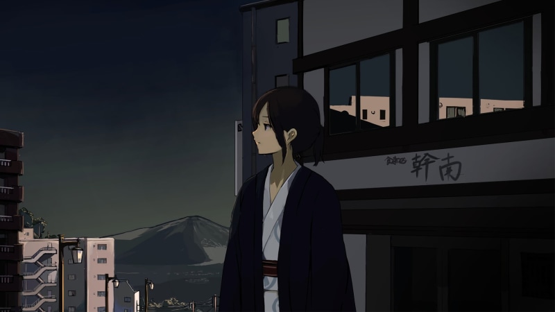 window, schoolgirl, glass - material, building exterior, men, sunlight, short hair, communication, city, standing, yukata, sky, manga, day, real people