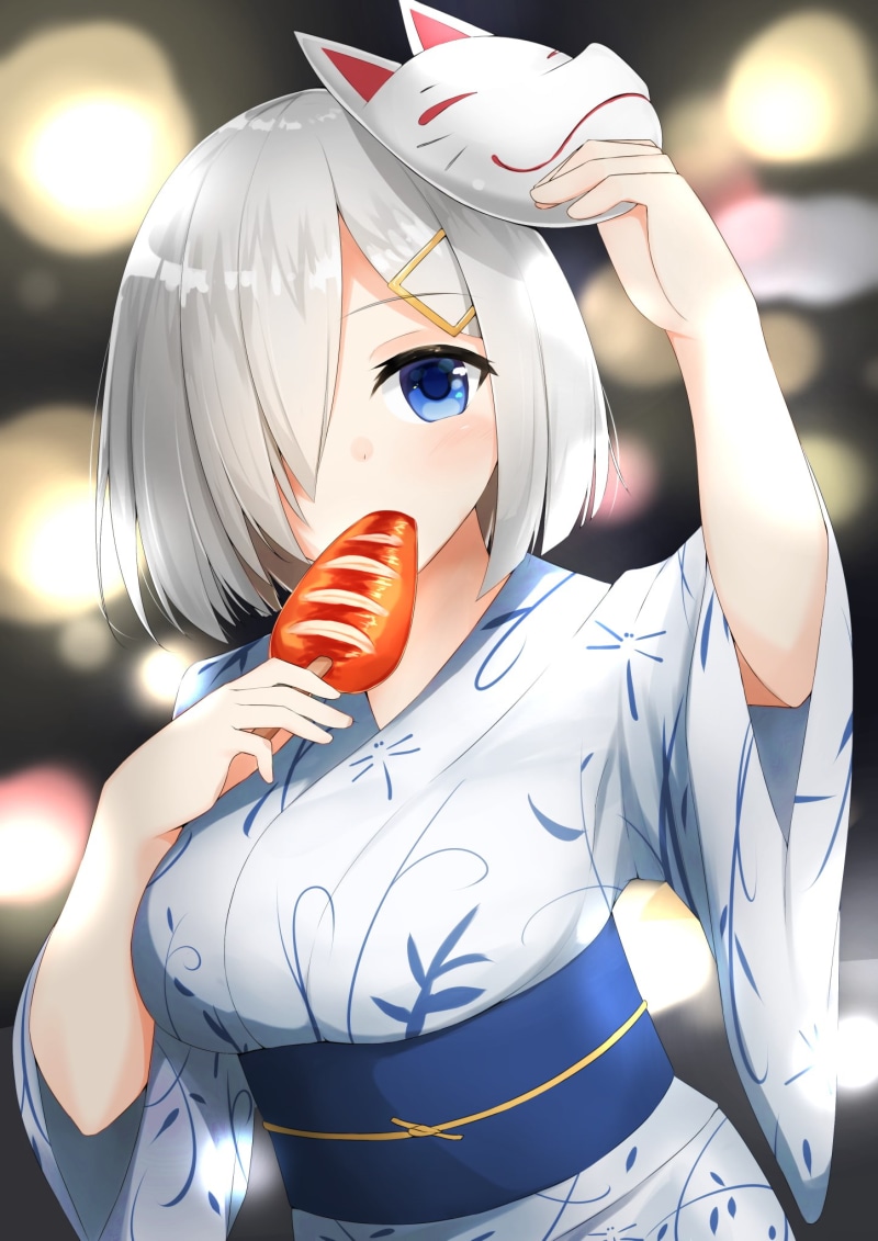 headdress, mask, yukata, short hair, silver hair, Hamakaze (KanColle), aqua eyes, 1080P, Kantai Collection