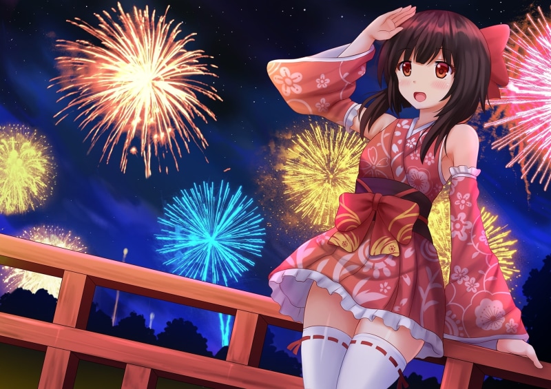 1080P, Anime, yukata, megumin, konosuba, fireworks, festival, brown hair