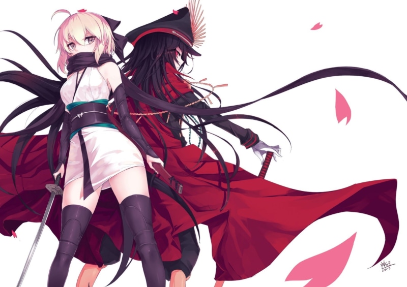 white background, adult, three quarter length, red, fate grand order, majin archer, Anime, day, sakura saber, women, pink color, 720P, outdoors, people
