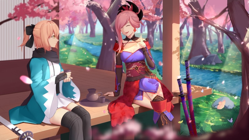 Sakura Saber, Fate/Grand Order, nature, selective focus, multi colored, tree, women, people, Fate Series, females, adult, outdoors, sunlight, water, art and craft