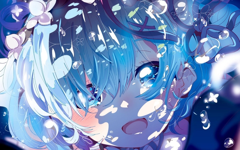 haired, abundance, girl, anime girls, low angle view, crying, blue, multi colored, technology, close-up, light - natural phenomenon, Rem (Re: Zero), day