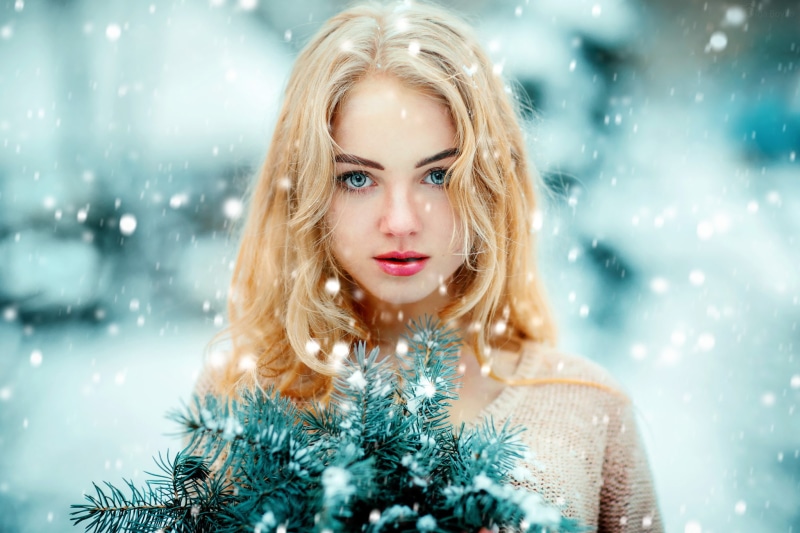 headshot, young women, depth of field, warm clothing, blue eyes, holiday, christmas tree, one person, young adult, women, christmas decoration, hair, christmas