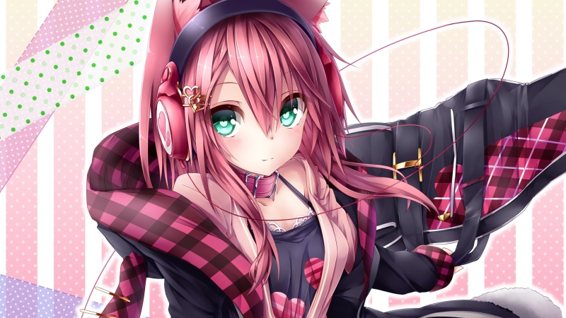 headphones, anime, anime girls, manga, 2K, pink hair, long hair, smiling, collars, green eyes, hair ornament