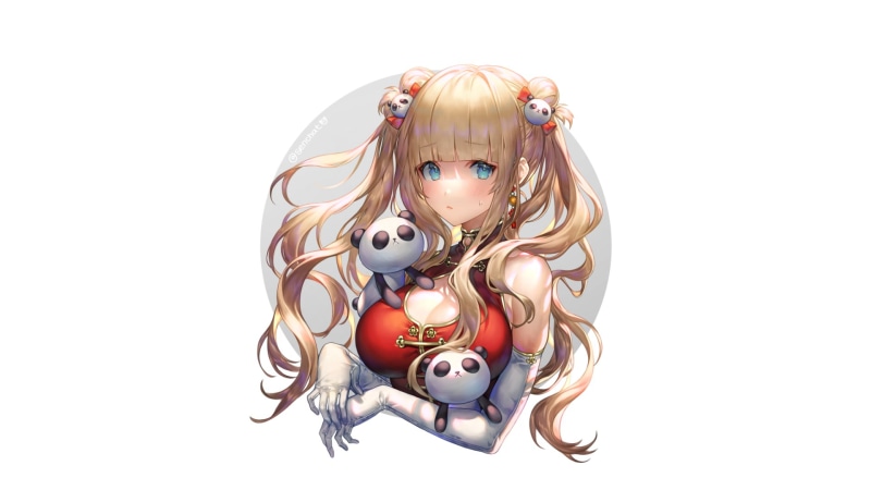 circle, blonde, hair ornament, original characters, white background, digital art, artwork, looking at viewer, drawing, women, panda, blue eyes, cleavage