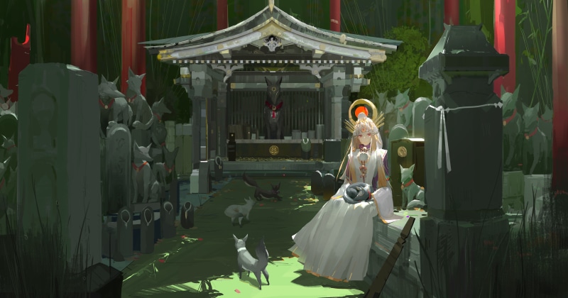 painting, red eyes, digital painting, animals, architecture, 2D, sanctuary, digital art, fox, hair ornament, anime, looking at viewer, environment, bell