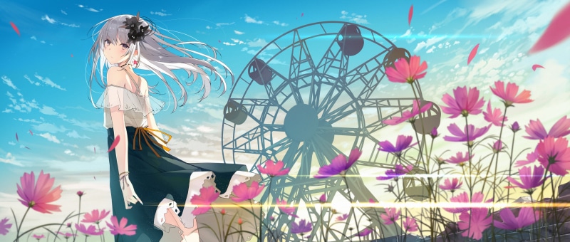 long hair, ferris wheel, illustration, Ashima, artwork, ultra-wide, windy, white hair, hair ornament, sky, flowers, flower in hair, digital art, lens flare