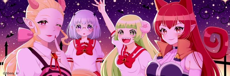teeth, mairimashita! iruma-kun, sharp teeth, sleeveless, pointed ears, crocell keroli, azazel ameri, wide image, horns, school uniform, green eyes, 2K