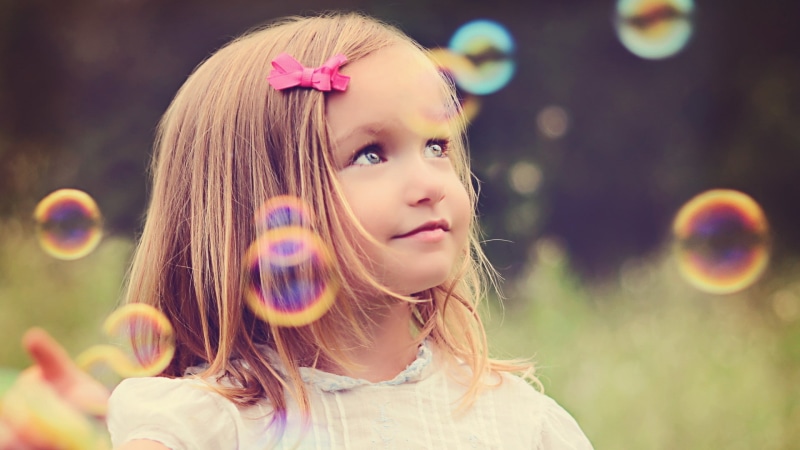 bubble, contemplation, front view, focus on foreground, little girl, women, portrait, hair, headshot, children, childhood, 1080P, long hair, innocence