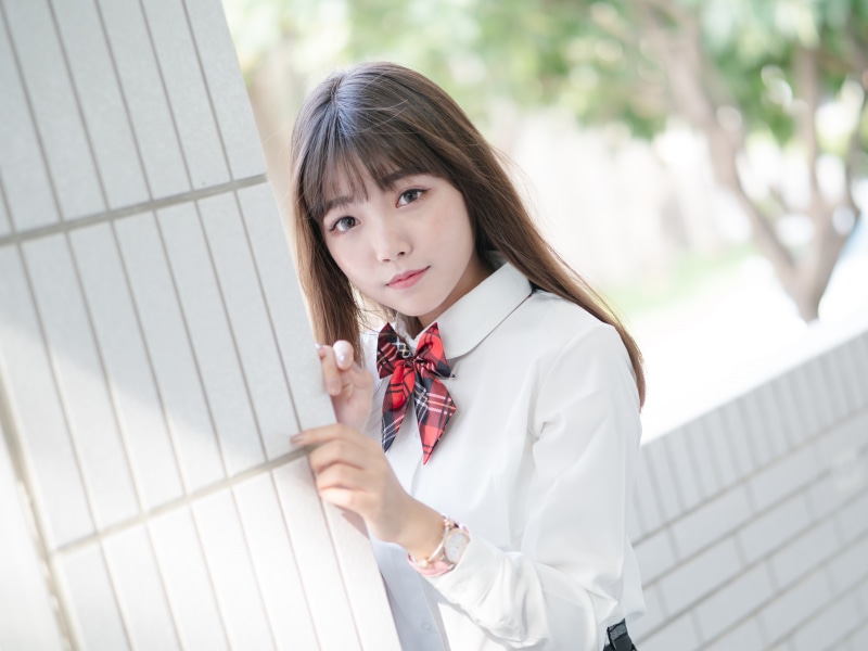 women, young adult, bangs, standing, looking at camera, girls, long eyelashes, school uniform, portrait, brunette, leisure activity, focus on foreground