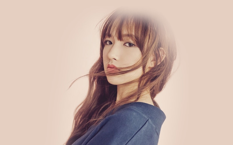 brown hair, long hair, bangs, front view, sungso, one person, girl, contemplation, indoors, headshot, casual clothing, white background, kpop, beige background