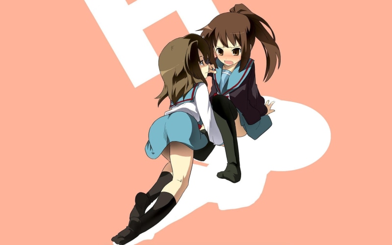 hairstyle, 1080P, casual clothing, fashion, women, young adult, one person, wall - building feature, colored background, The Melancholy of Haruhi Suzumiya