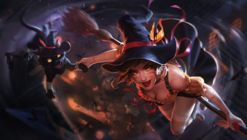 Halloween, cleavage, thigh-highs, hat, 4K, witch hat, witch, anime girls, see-through clothing, League of Legends, lolita fashion, Janna (League of Legends)