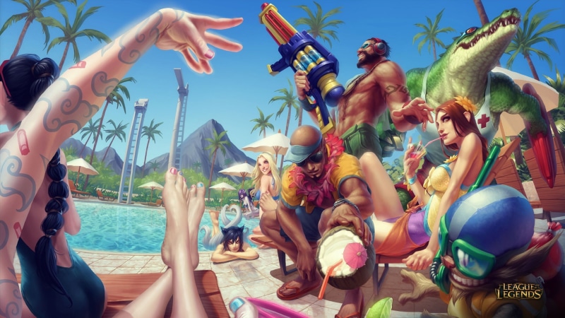 Ahri, Morgana (League of Legends), Leona (League of Legends), Jinx (League of Legends), video games, Leona, League of Legends, pool party, Janna (League of Legends)