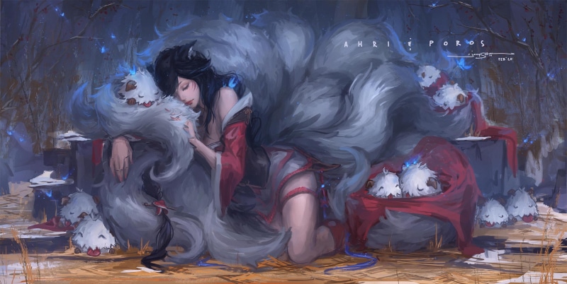 1080P, Fox ears, sleeping, Poro, League of Legends, Ahri (League of Legends), dark hair, Tails (character)