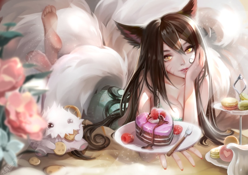 fox tail, long hair, food, 720P, Fox ears, Ahri (League of Legends), Poro, League of Legends, fox girl, dark hair