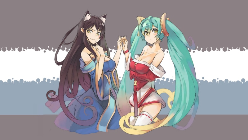 1080P, characters, Sona (League of Legends), black, studio shot, anime, haired, female, League of Legends, clothing, anime girls, group of animals, representation