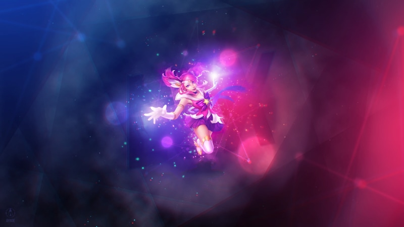 close-up, digital composite, event, indoors, Lux (League of Legends), night, anime, performance, light - natural phenomenon, woman, human body part, pink