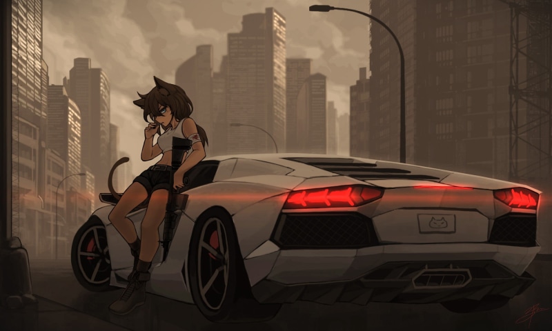 weapon, anime, people, animal ears, protection, built structure, transportation, city, mode of transportation, 1080P, digital composite, anime girls, building