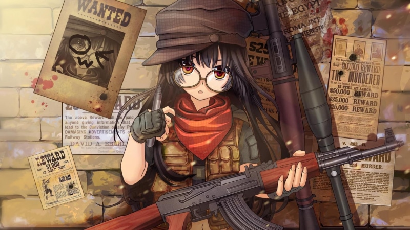 low angle view, glasses, indoors, anime, male likeness, weapon, human representation, 1080P, rifles, day, original characters, religion, architecture